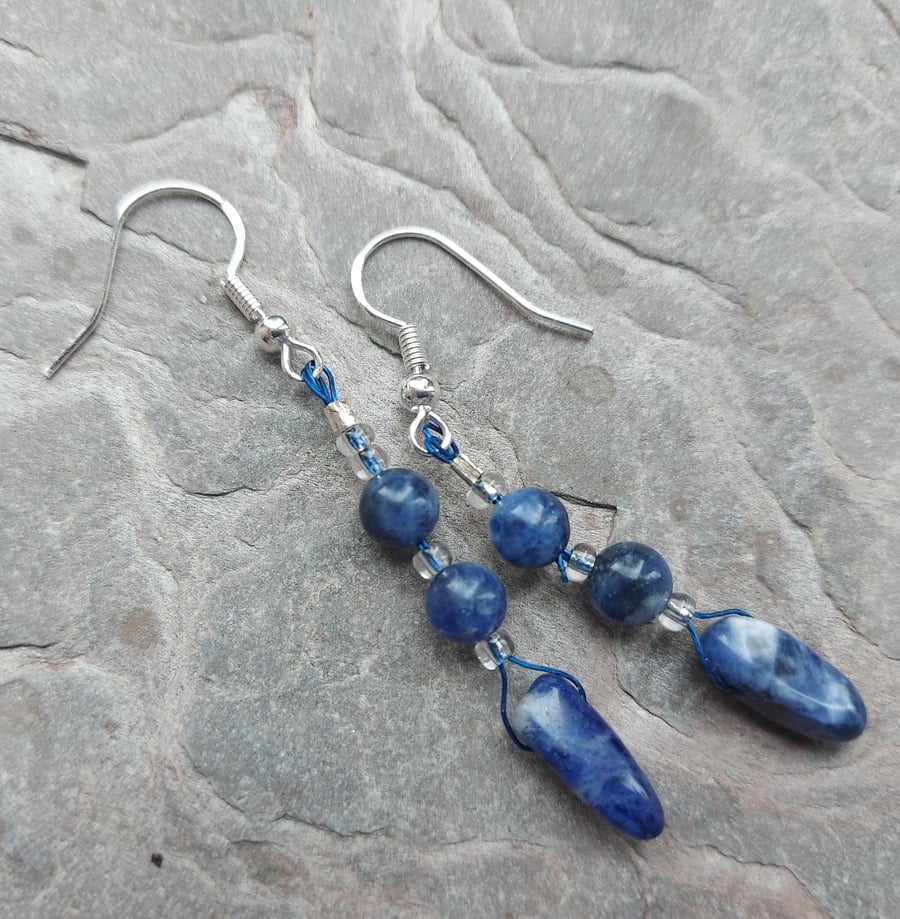 Sodalite and crystal beaded drop earrings with sterling silver