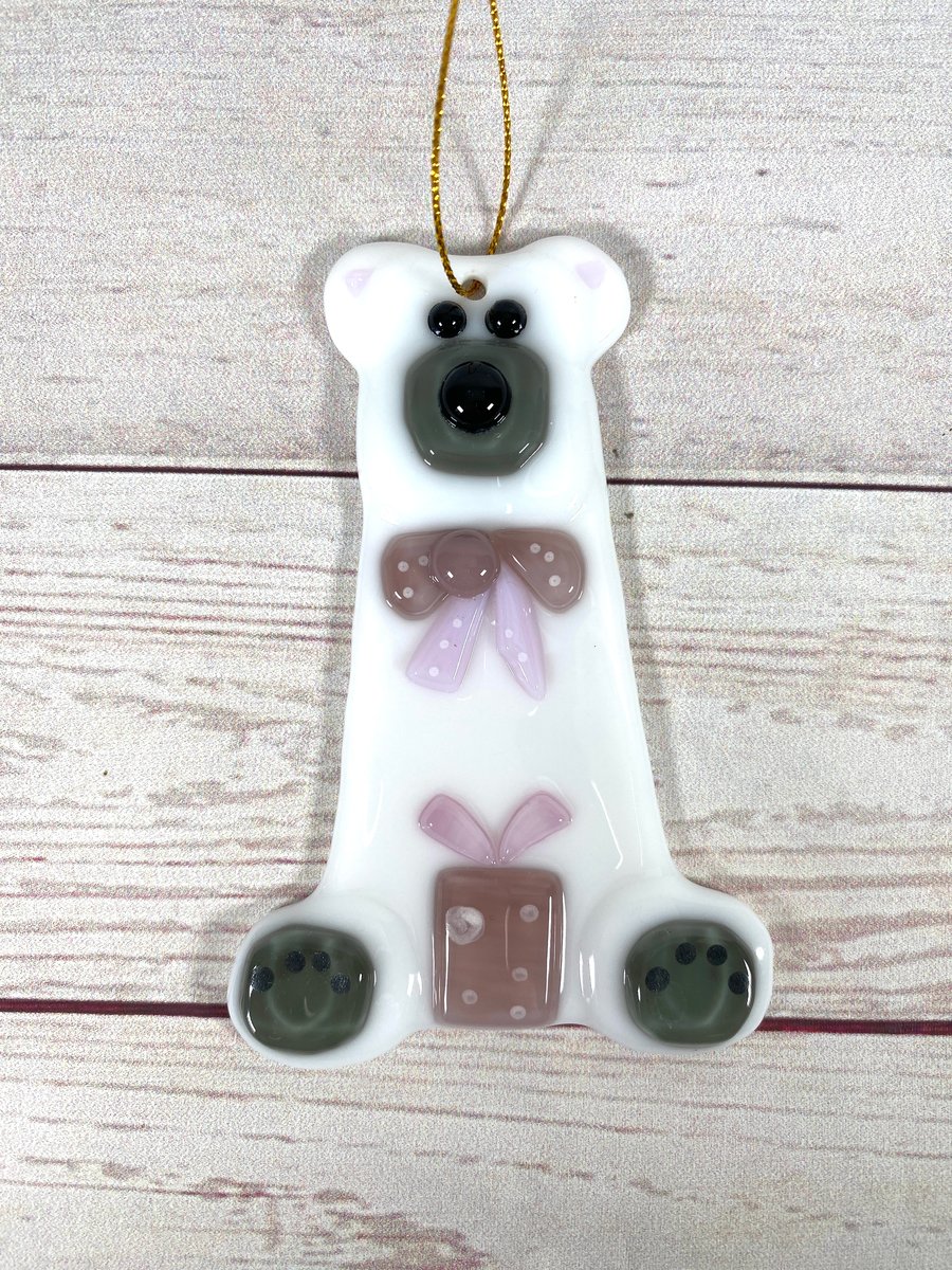 Pink glass teddy bear Christmas decoration 
