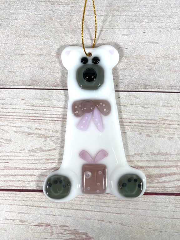 Pink glass teddy bear Christmas decoration 