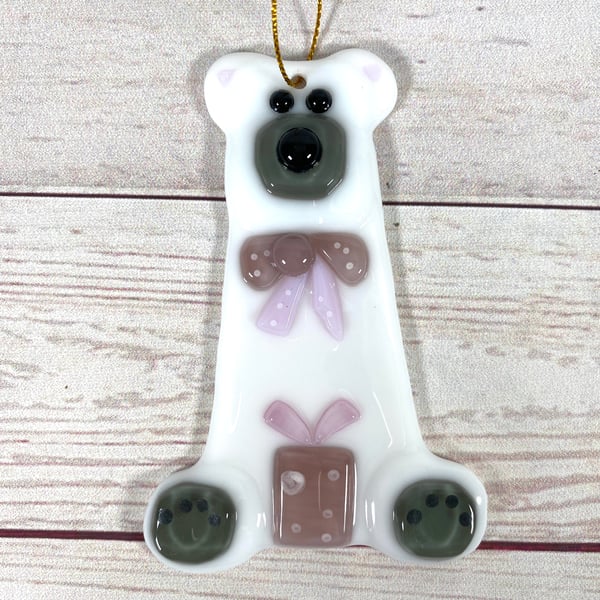 Pink glass teddy bear Christmas decoration 