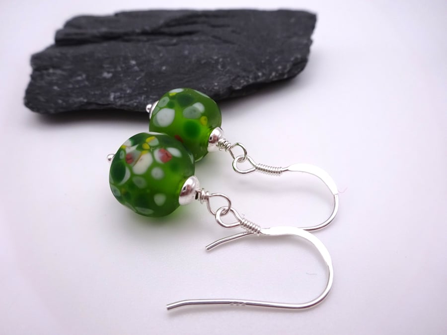 green frit lampwork glass earrings