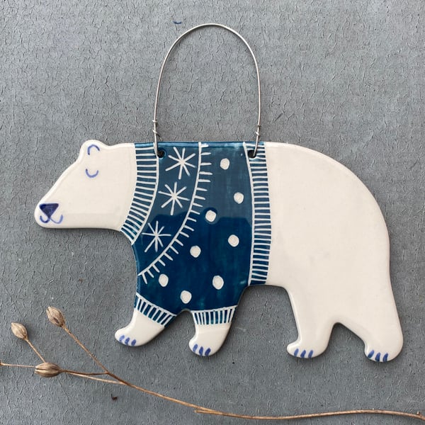 Ceramic Polar Bear with teal jumper  Decoration