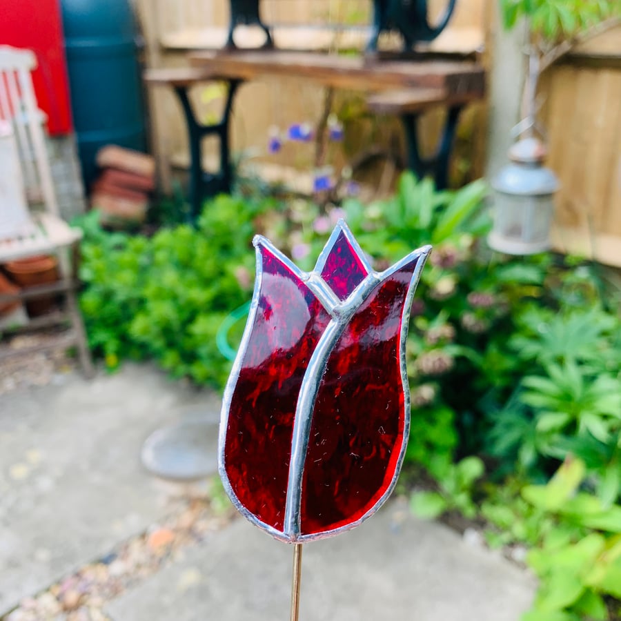 Stained  Glass Tulip Stake Small - Handmade Plant Pot Decoration -  Red