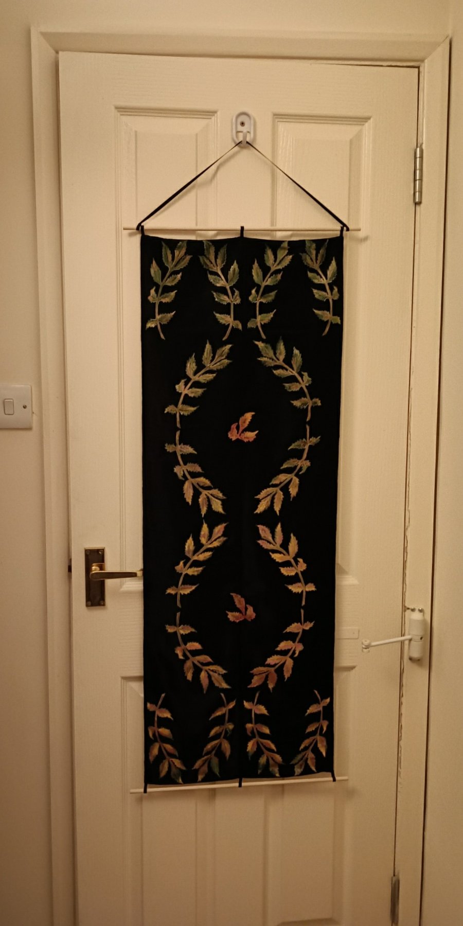 Silk autumn wall hanging Falling Leaves, black home decor, hand painted