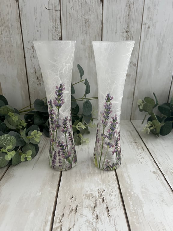 Decoupage Upcycled Slim Glass Vase: Lavender,  Cottage Style