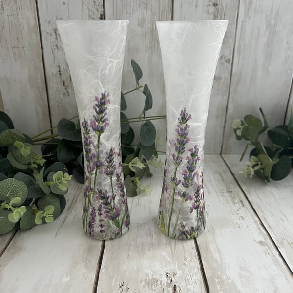 Decoupage Upcycled Slim Glass Vase: Lavender,  Cottage Style