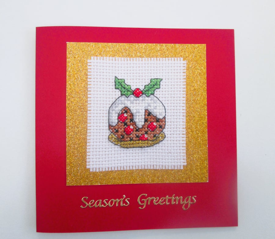 Christmas pudding cross stitch Christmas card