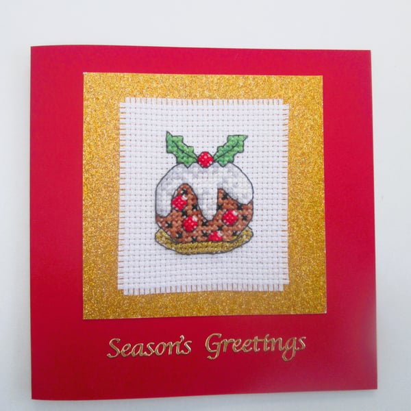 Christmas pudding cross stitch Christmas card