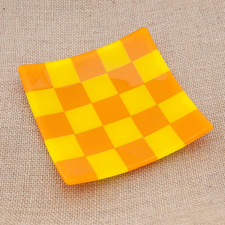 Chequered Yellow and Orange Fused Glass Decorative Plate