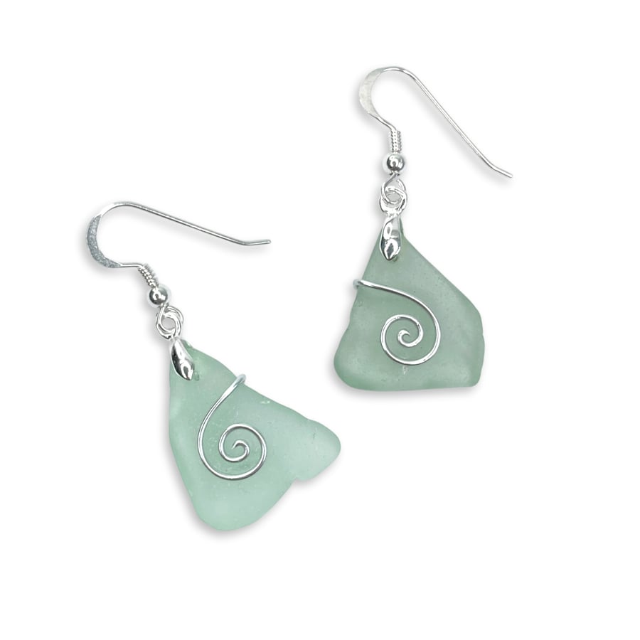 Sea Glass Earrings - Aqua Green - Handmade Scottish Silver Wire Celtic Jewellery
