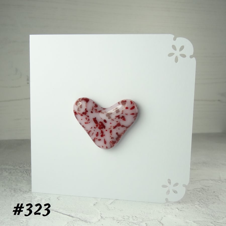 Pink and red speckled heart handcrafted fused glass blank card (323)