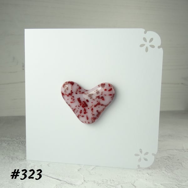 Pink and red speckled heart handcrafted fused glass blank card (323)
