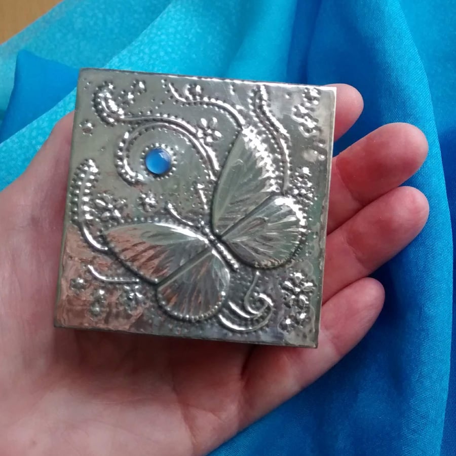 Butterfly Ring Box Handmade in Pewter with Blue Onyx Cabochon