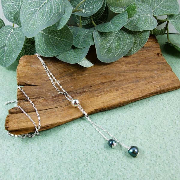 Silver Lariat Necklace Teal Pearls