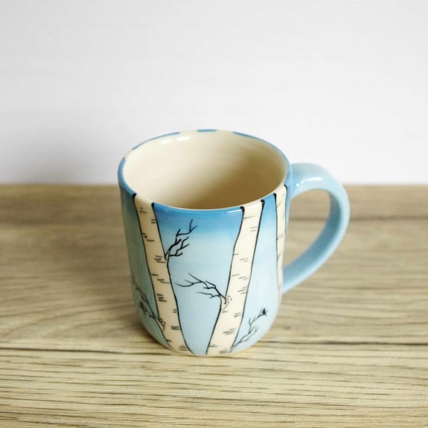 Small Coffee Mug - Silver Birch, Sky and Birds 