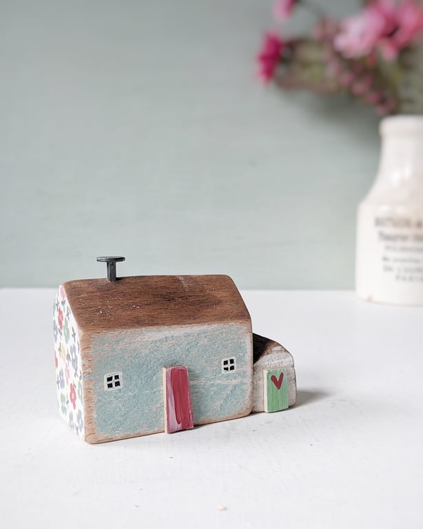Little Handmade Painted Wooden House with Teeny Side Shed