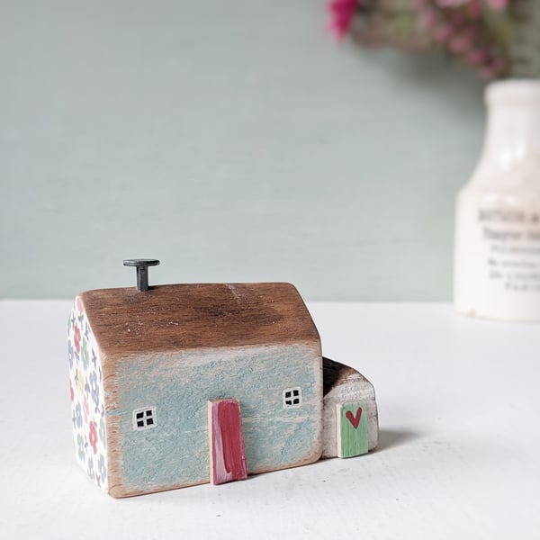 Little Handmade Painted Wooden House with Teeny Side Shed
