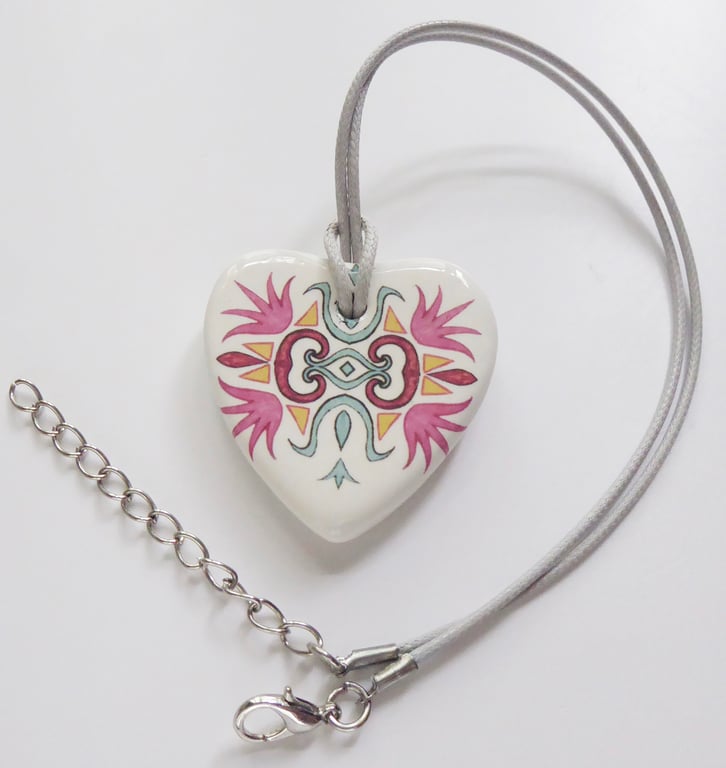 Ornate Pattern Heart Shaped Ceramic Pendant on Grey Cord with Lobster Clasp