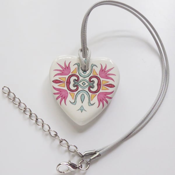 Ornate Pattern Heart Shaped Ceramic Pendant on Grey Cord with Lobster Clasp
