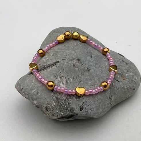 Beaded bracelet handmade pink purple gold