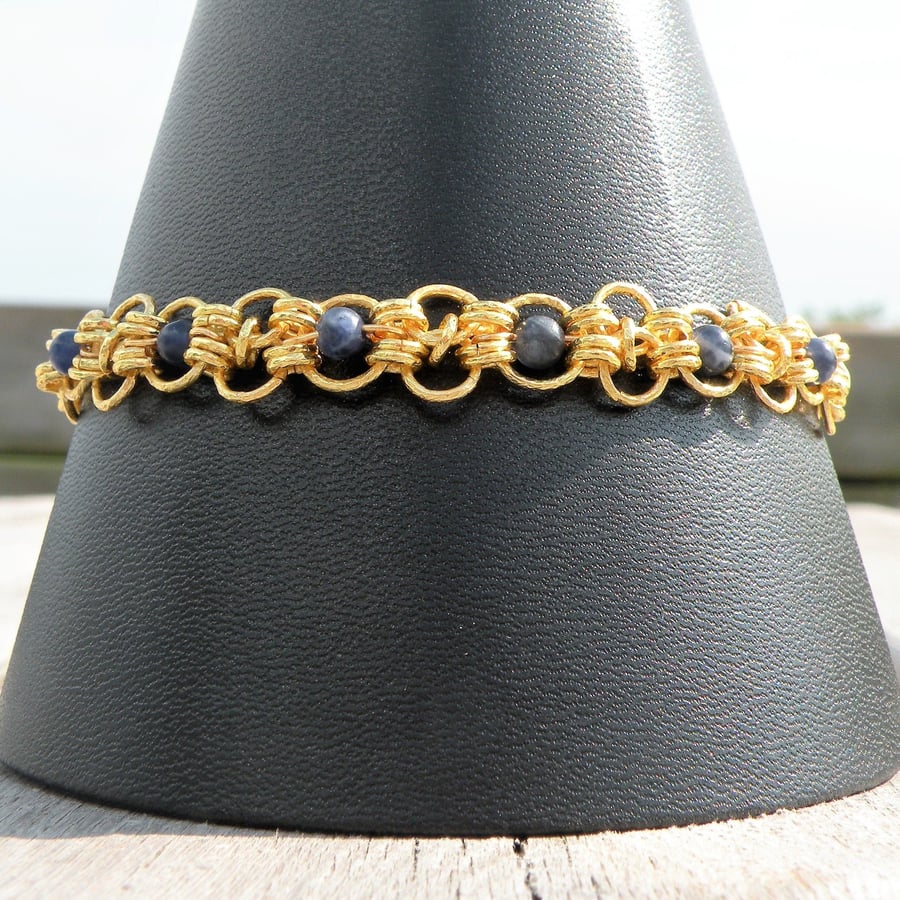 Blue Sodalite Gemstone Gold Plate Chainmaille Bracelet 7.5-8 Inch