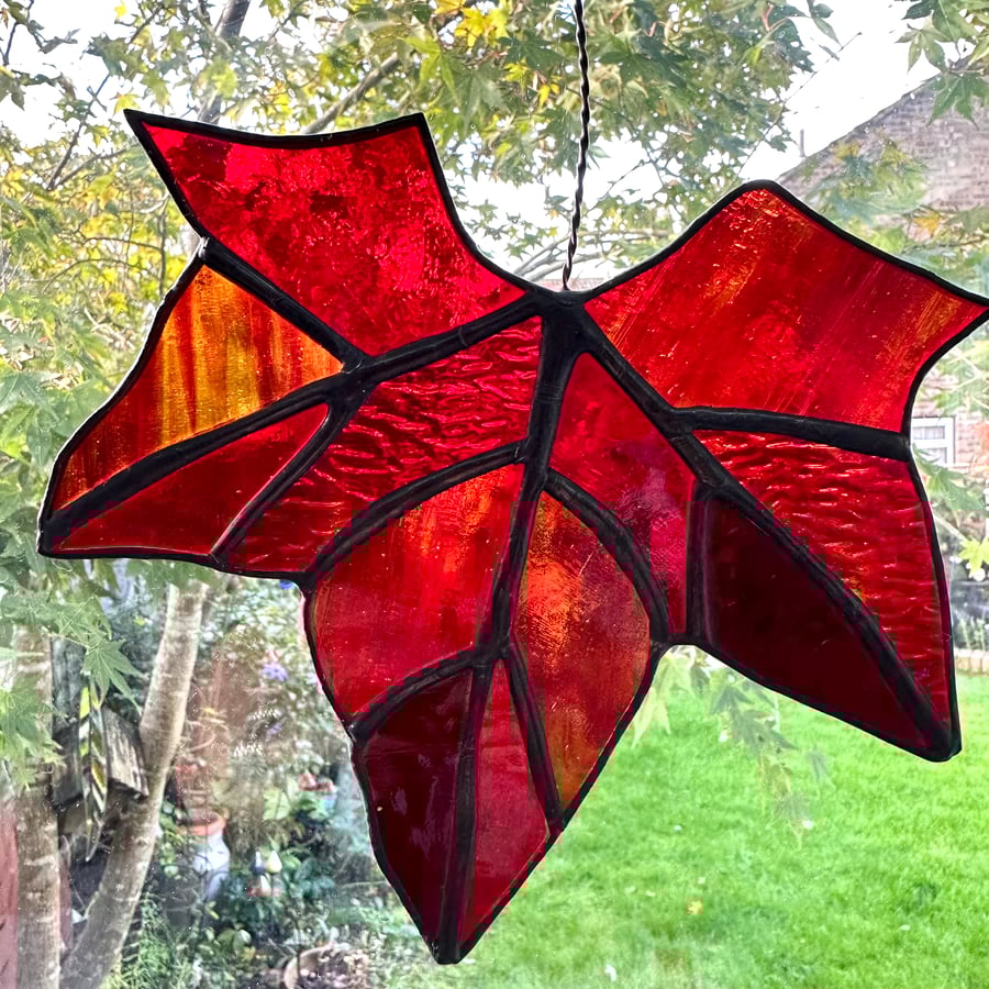 Stained Glass Maple Leaf Suncatcher - Handmade Hanging Window Decoration 