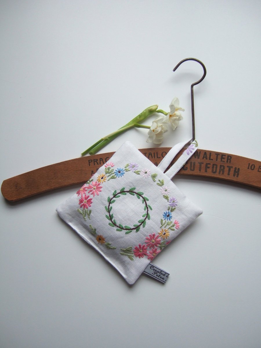 Lavender bag, with circular vintage floral embroidery.