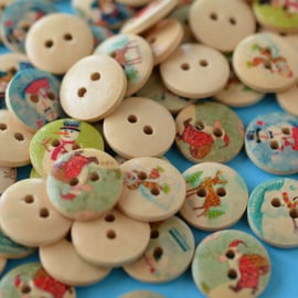 15mm Wooden Christmas Buttons Mixed Designs 10pk Santa Reindeer Snowman (SX1)