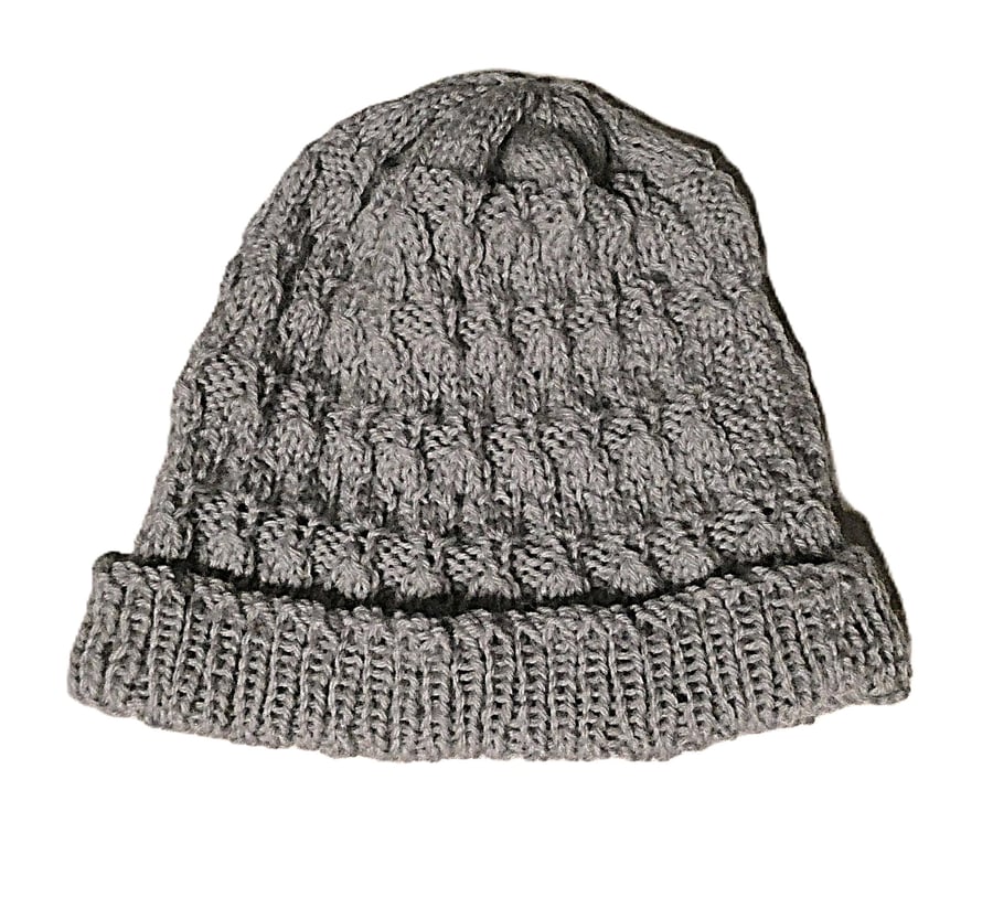 Knitted handmade grey patterned hat