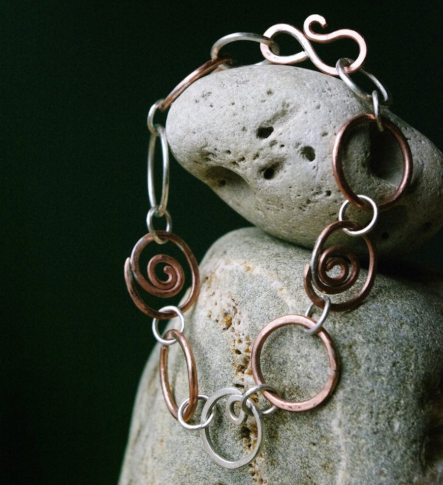 Copper and Silver Spirals Link Bracelet