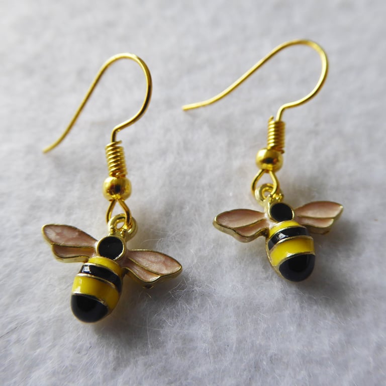 Pretty Black and Yellow Enamel Bee Earrings with gold plated ear-wires