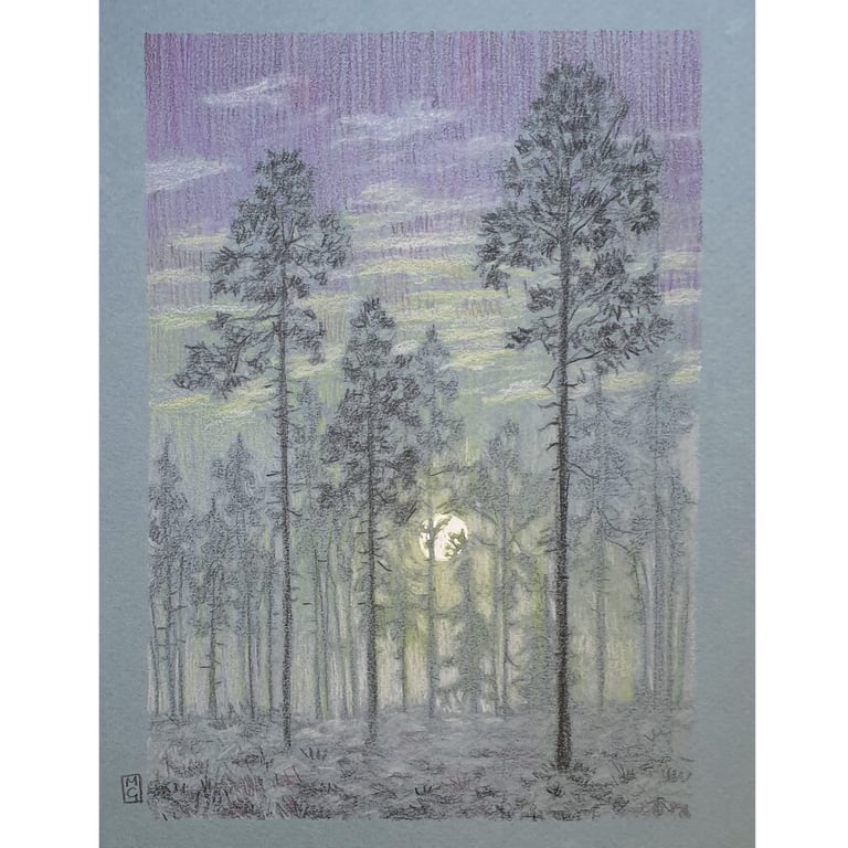 Evening landscape with trees, original artwork, landscape wall art