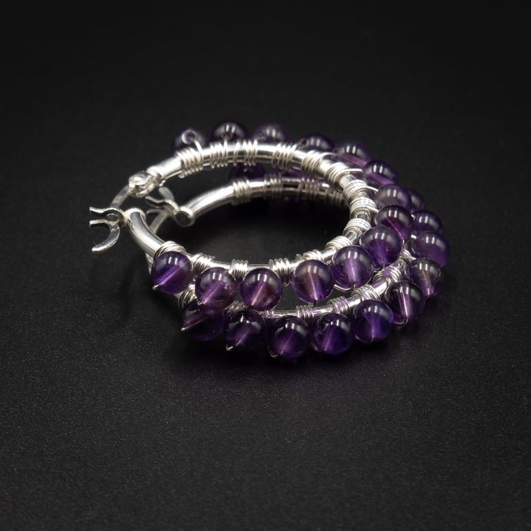  Amethyst and sterling silver gemstone hoop earrings, Aquarius gift