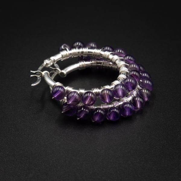  Amethyst and sterling silver gemstone hoop earrings, Aquarius gift