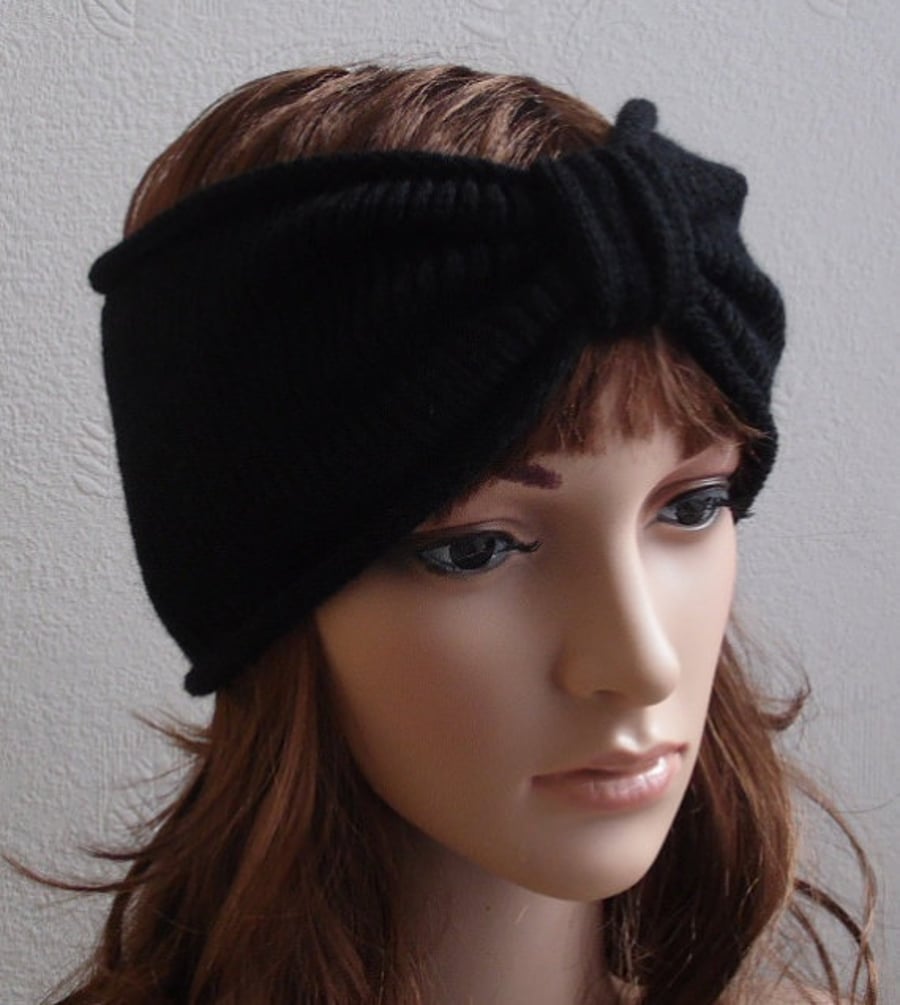 Black knitted headband for women, handmade ear warmer, wide headband