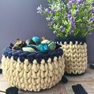Set Of 2 Crochet Baskets, Dark Blue & Cream Storage Pots, Interior Home Decor