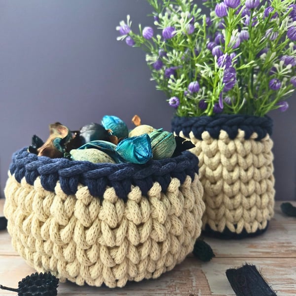 Set Of 2 Crochet Baskets, Dark Blue & Cream Storage Pots, Interior Home Decor
