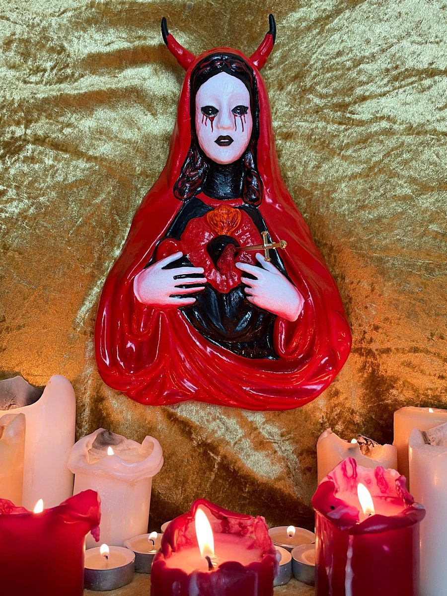 Gothic Devil Halloween Black and Red Unique Handmade Virgin Mary Wall Plaque