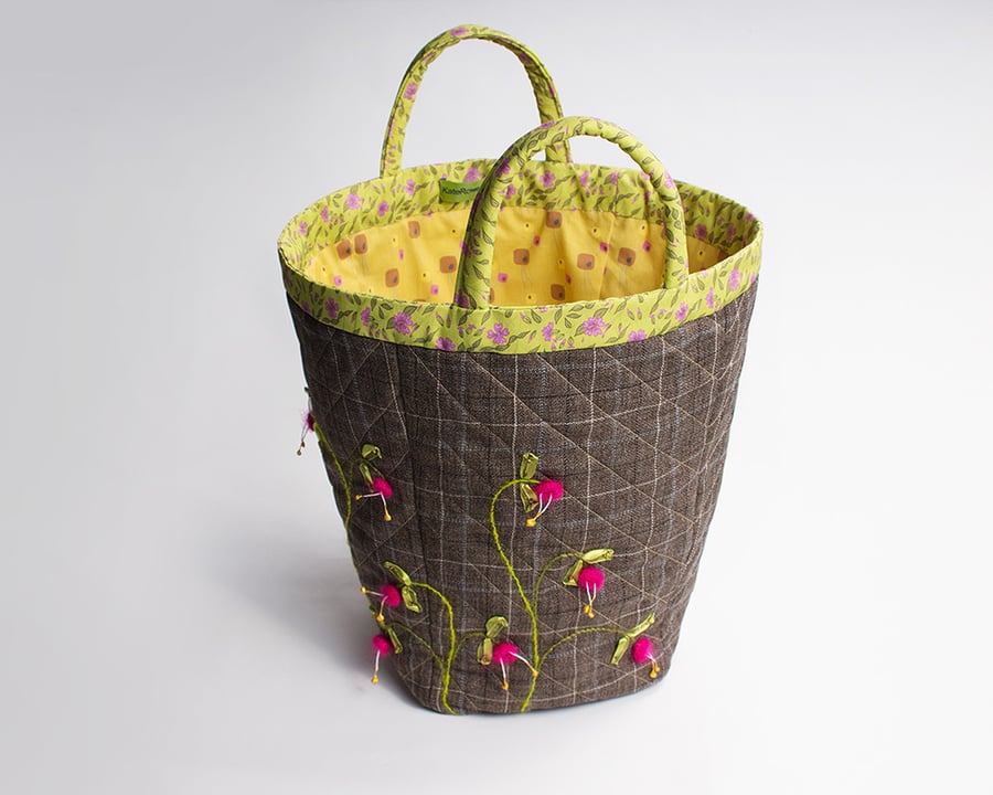 Large brown checked project bag with hand embroidered fuchsia