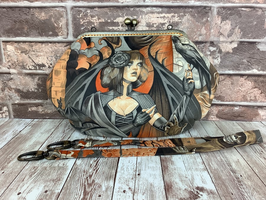 Gothic bats medium fabric frame clutch handbag, Kiss class