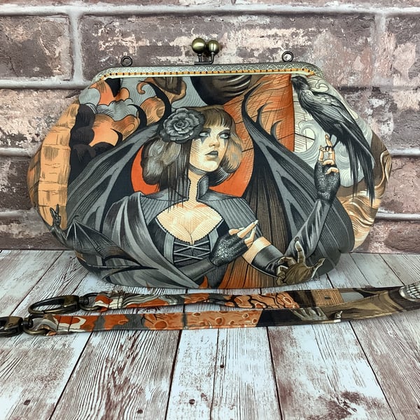 Gothic bats medium fabric frame clutch handbag, Kiss class