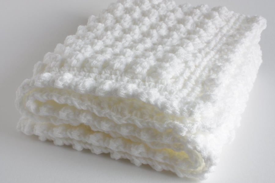 Crochet baby blanket, extra thick white baby blanket 