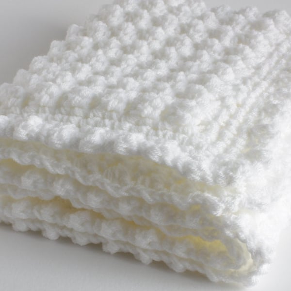 Crochet baby blanket, extra thick white baby blanket 
