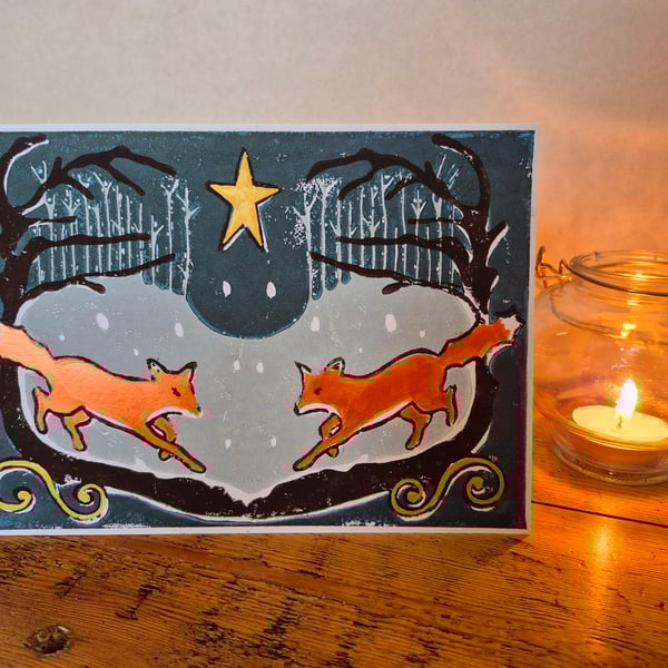 Hand printed fox Christmas card 