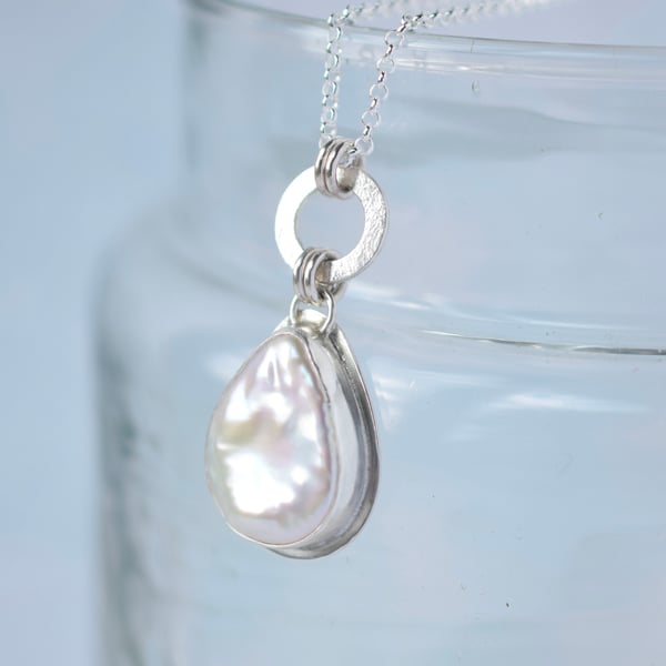 Pearl necklace, one of a kind statement silver pendant