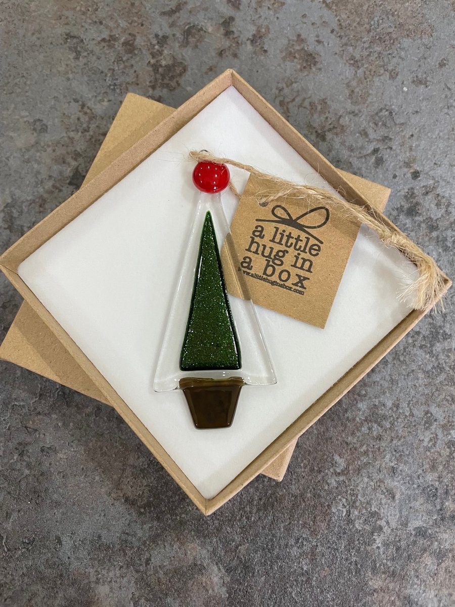 A Little Hug in a Box Fused Glass Christmas tree decoration