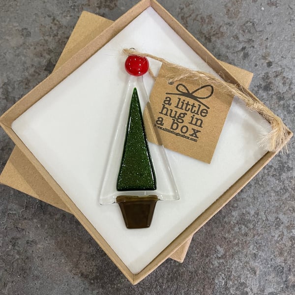 A Little Hug in a Box Fused Glass Christmas tree decoration