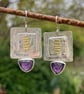 Silver gold and amethyst square statement earrings - Image 1