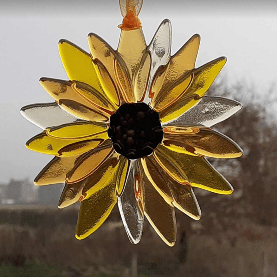 Fused Glass Mini Sunflower Wall Art, Hanging Mobile Decoration Keepsake, 8cm