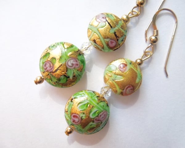 Gold decorated Murano glass earrings with Swarovski.